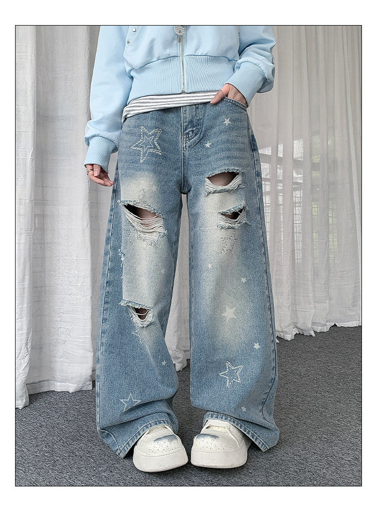 Blue Star Ripped Wide-Leg Jeans