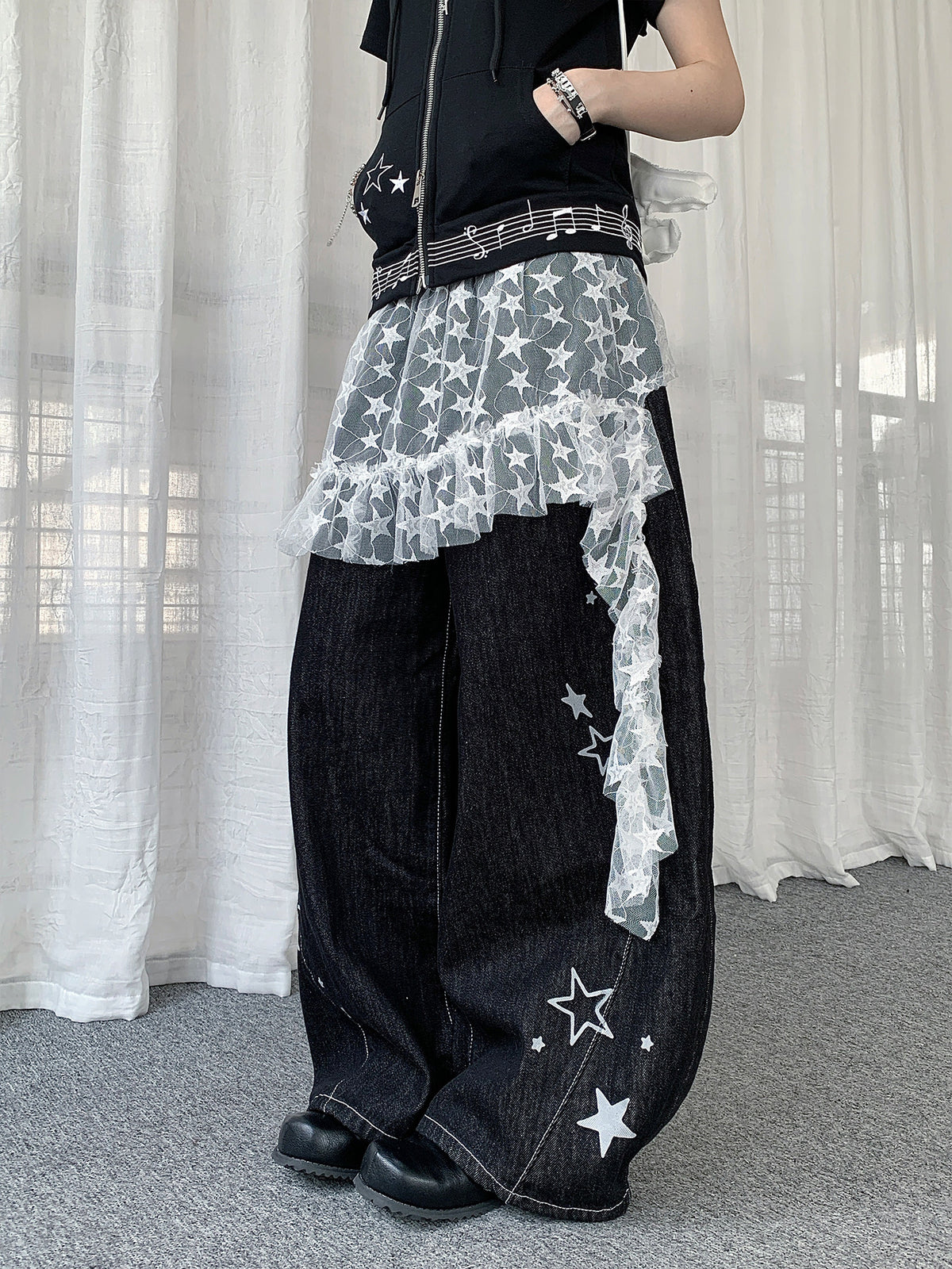 Star Embroidered Wide-Leg Jeans with Lace Overskirt