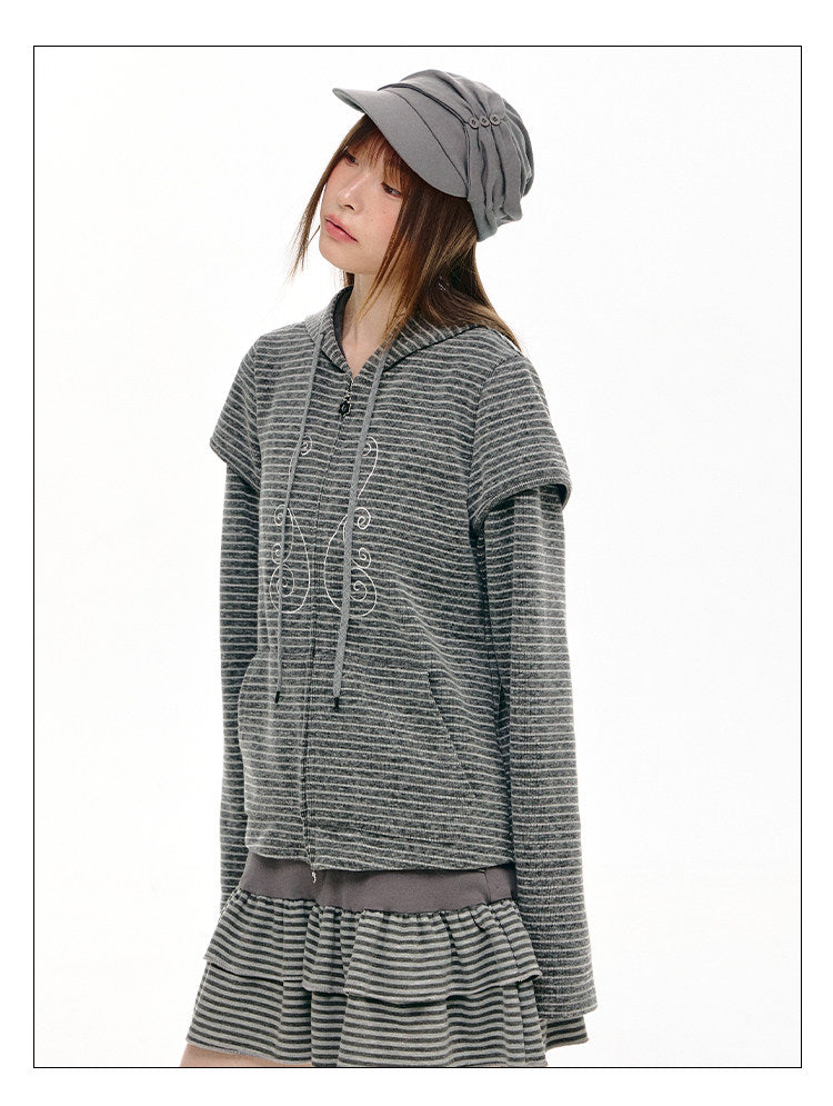 Charcoal Stripe Music Note Faux-Layer Zip Hoodie