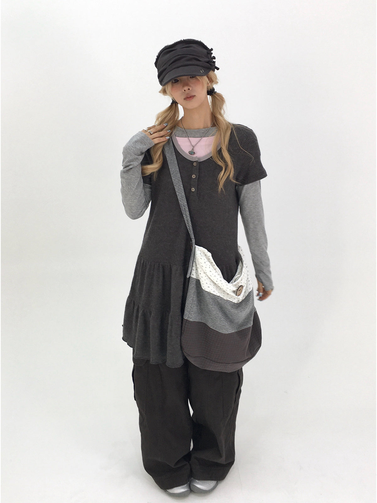 Washed Gray Tea Wide-Leg Cargo Pants