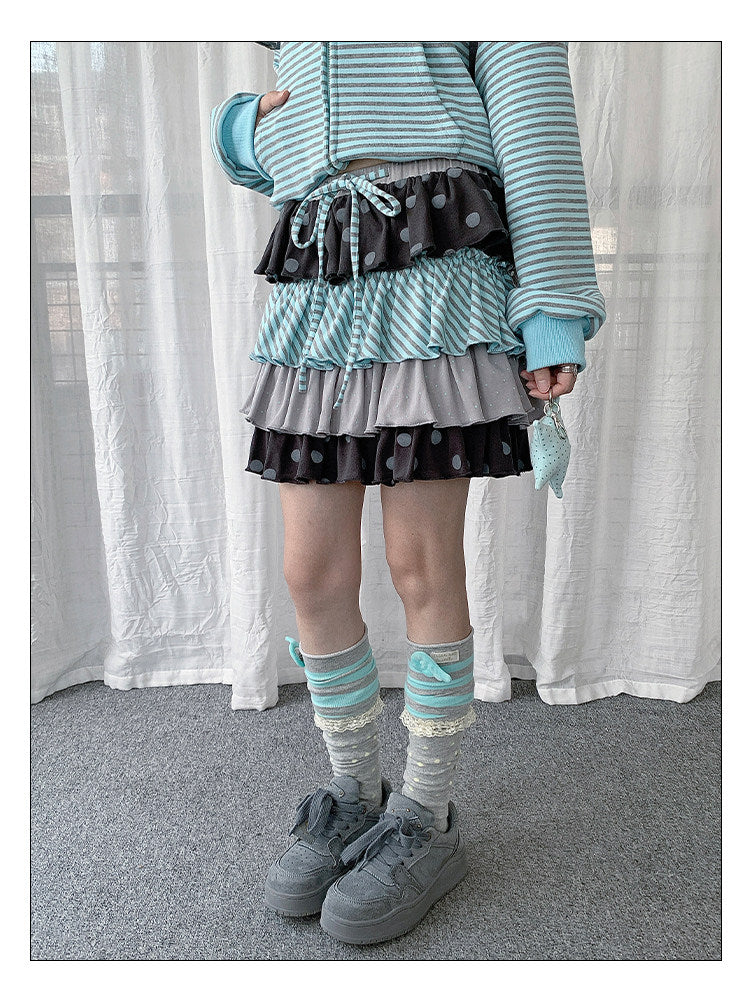 Polka Dot Stripe Tiered Ruffle Mini Skirt