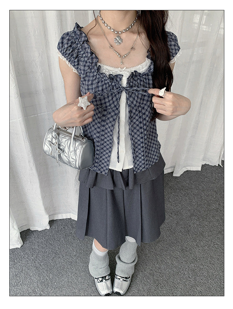 Gray Plaid Tie-Front Layered Puff-Sleeve Top