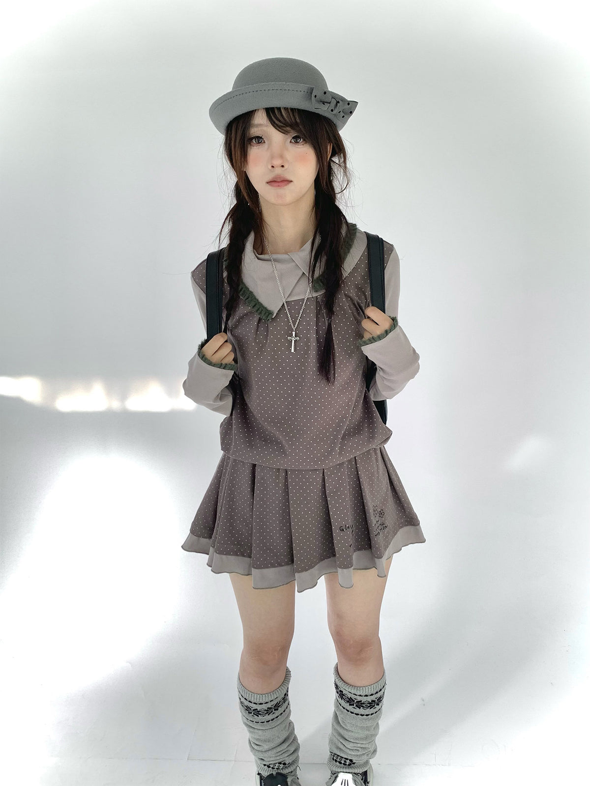 Gray Khaki Polka Dot Faux-Layer Pleated Mini Dress