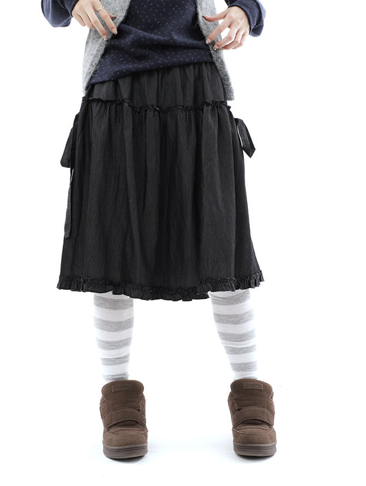 Washed Black Ruffle-Tiered Denim Midi Skirt