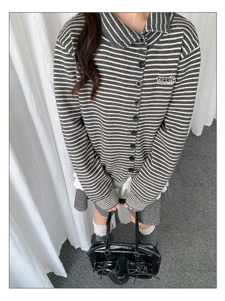 Striped Polo-Collar Knit Cardigan