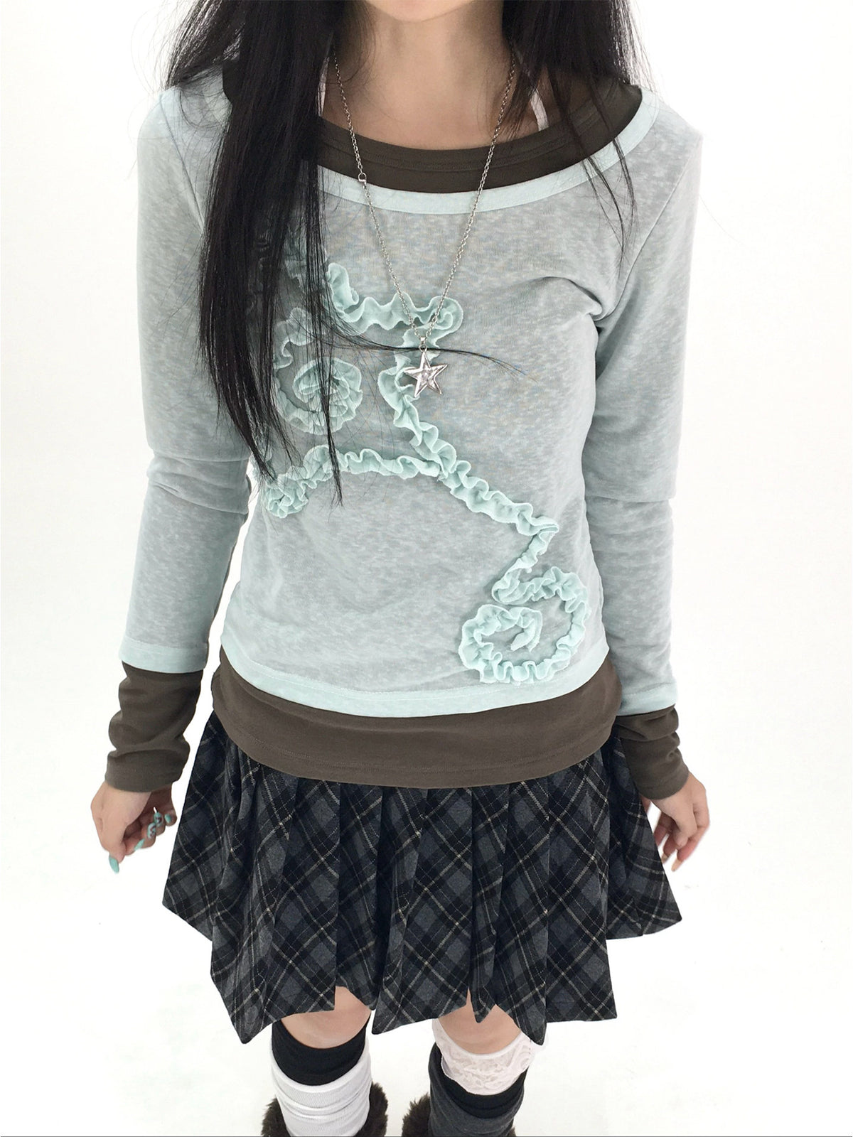 Mist Aqua Ruffle Star Faux-Layer Long Sleeve Top