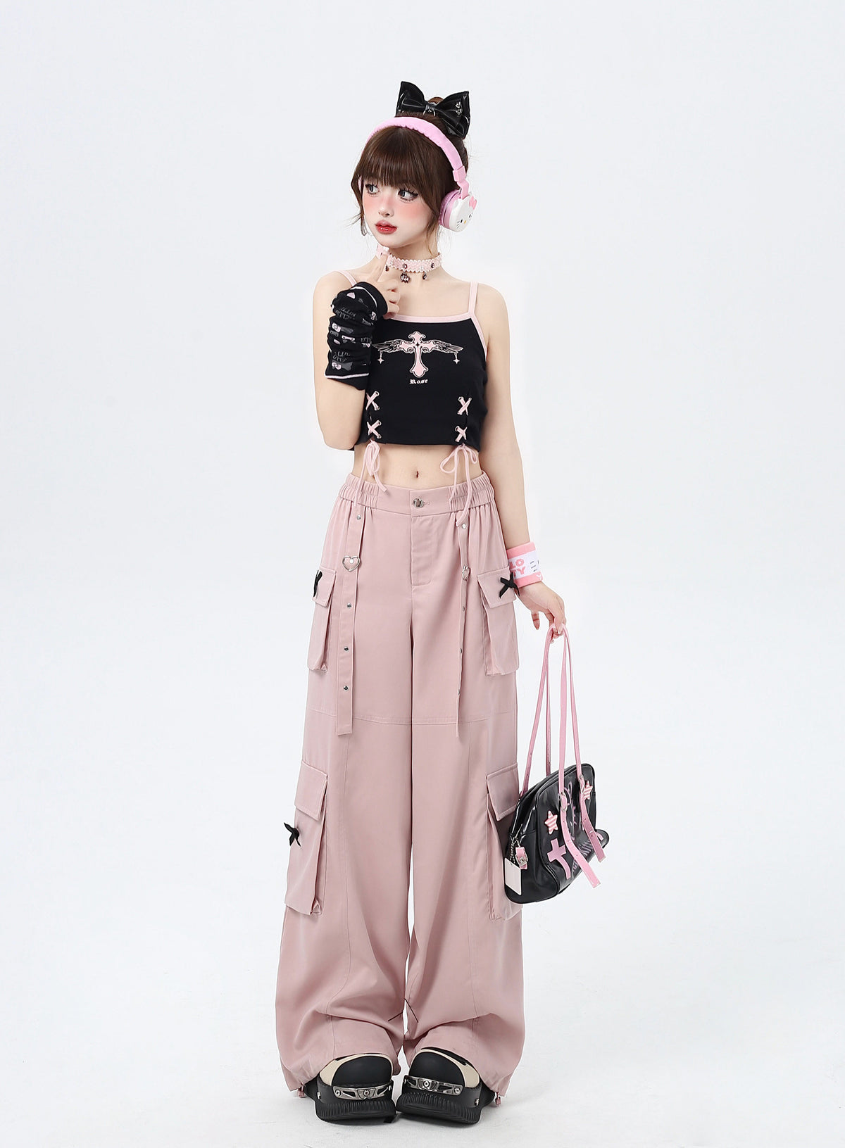 Heart Bow Pocket Wide-Leg Cargo Pants