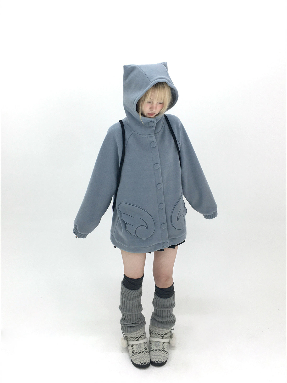 Dusty Blue & Ivory Fleece-Lined Cat Ear Wing Pocket Hooded Jacket