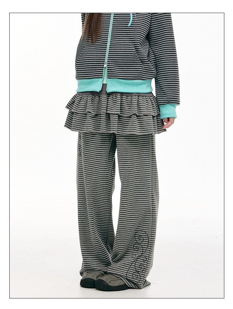 Striped Ruffle-Overlay Wide-Leg Pants
