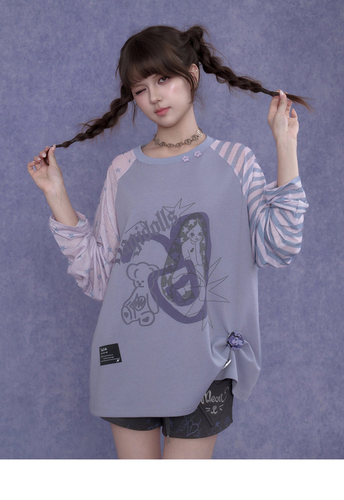 Lavender Star Stripe Raglan Graphic Long-Sleeve Tee