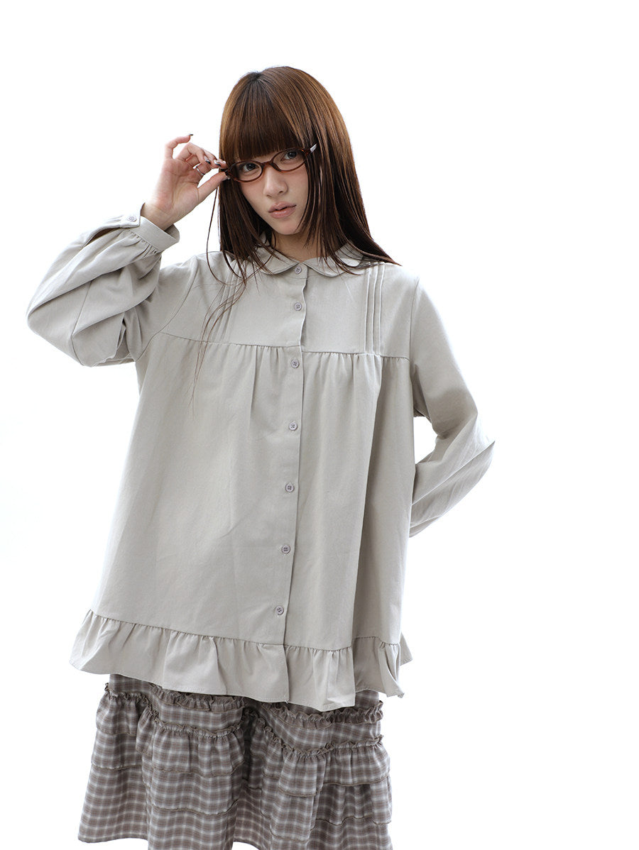 Pleated Ruffle Hem Button-Up Long Sleeve Blouse
