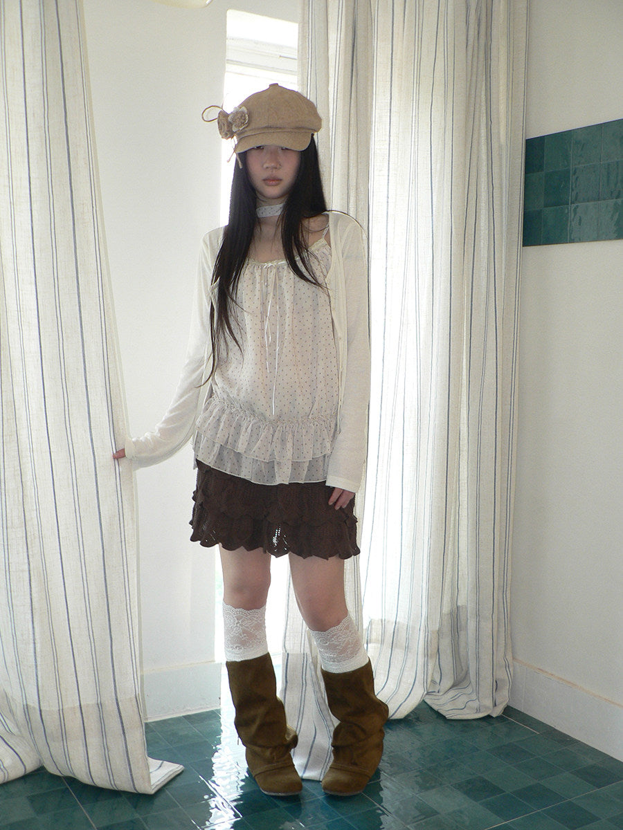 Polka Dot Ruffle Camisole & Cardigan Set with Scarf