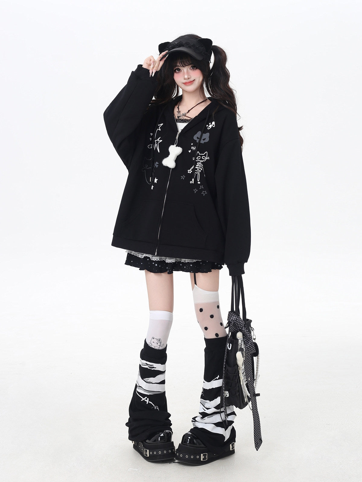 Cat Ear Bow Graphic Zip Hoodie