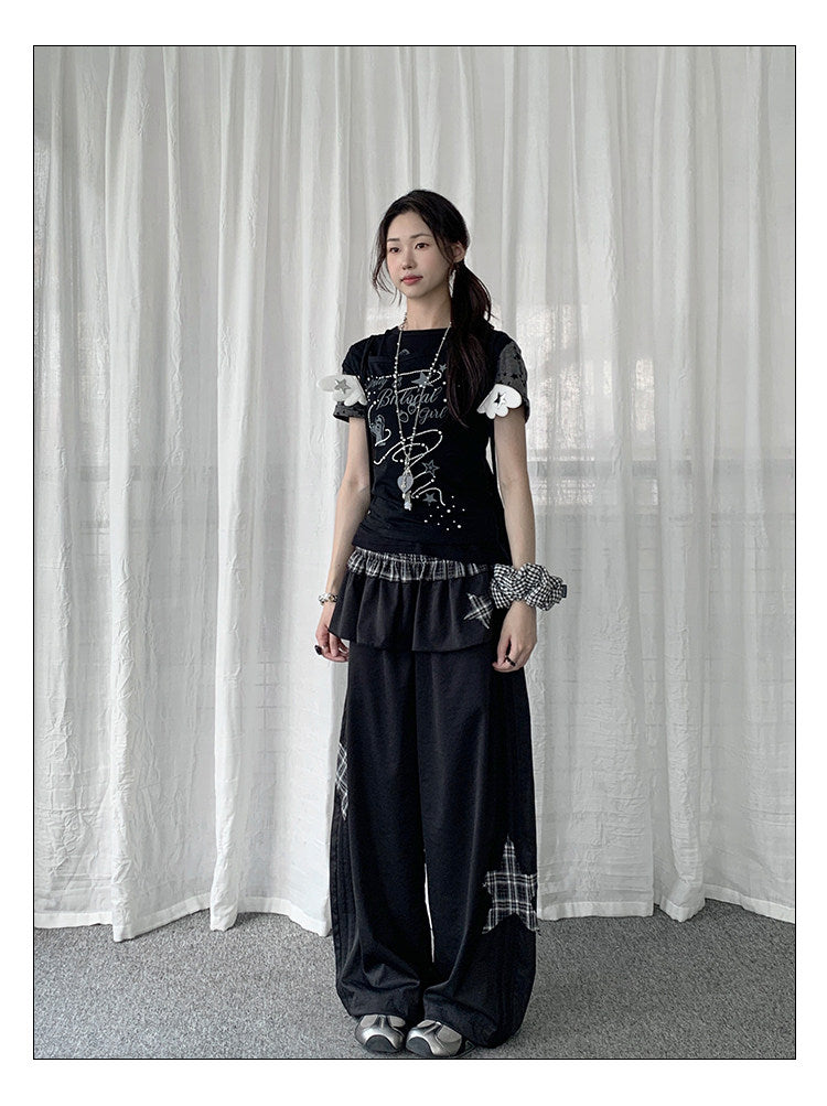 Star Patch Layered Overskirt Wide-Leg Pants Set