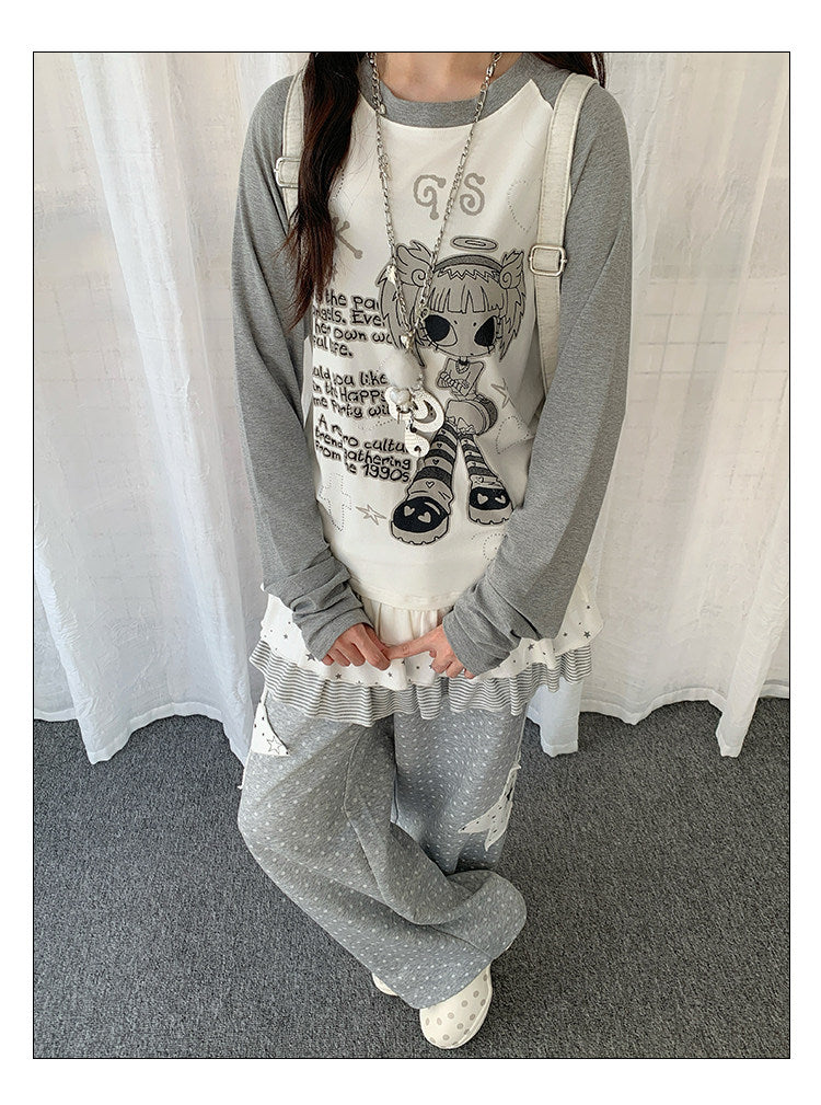 Angel Girl Graphic Raglan Ruffle Long Sleeve Top