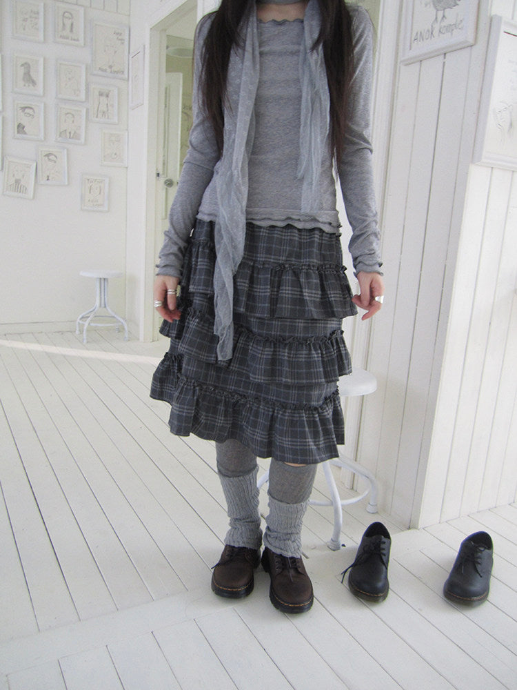 Vintage Gray Plaid Tiered Ruffle Skirt