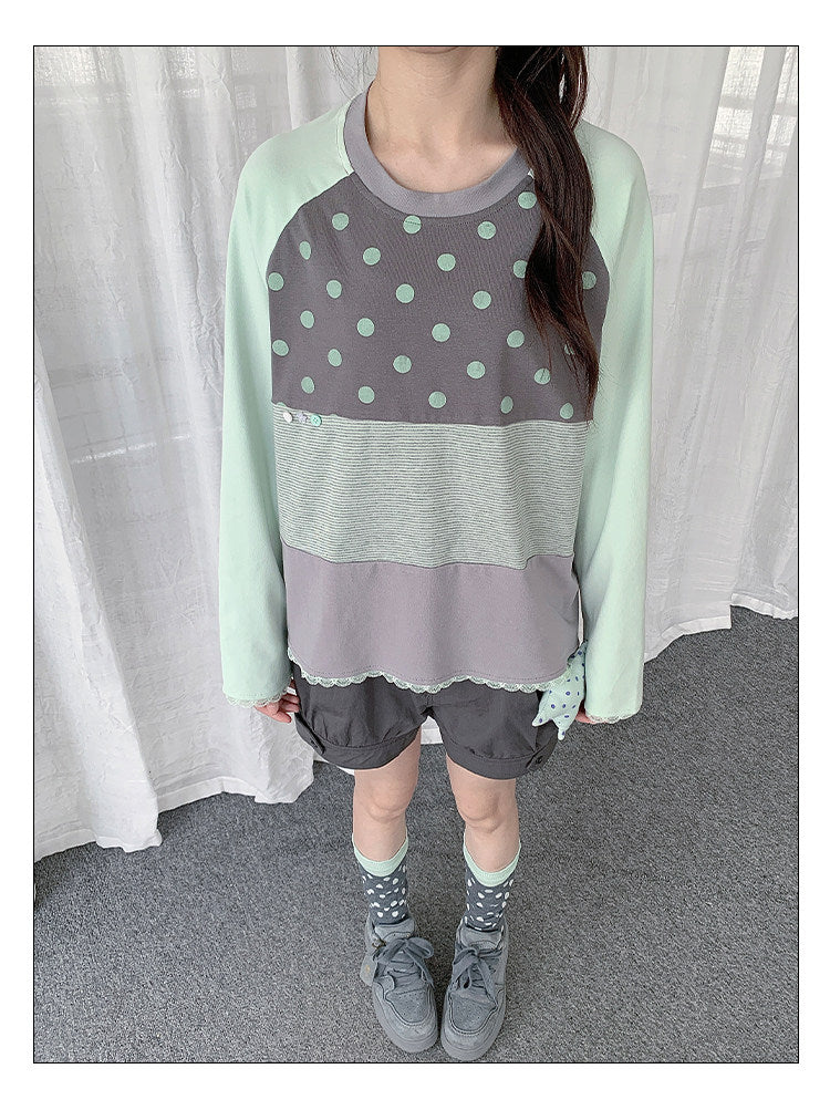 Polka Dot Stripe Lace-Trim Patchwork Long Sleeve Top