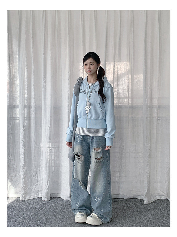Baby Blue Studded Letter Cropped Zip Hoodie