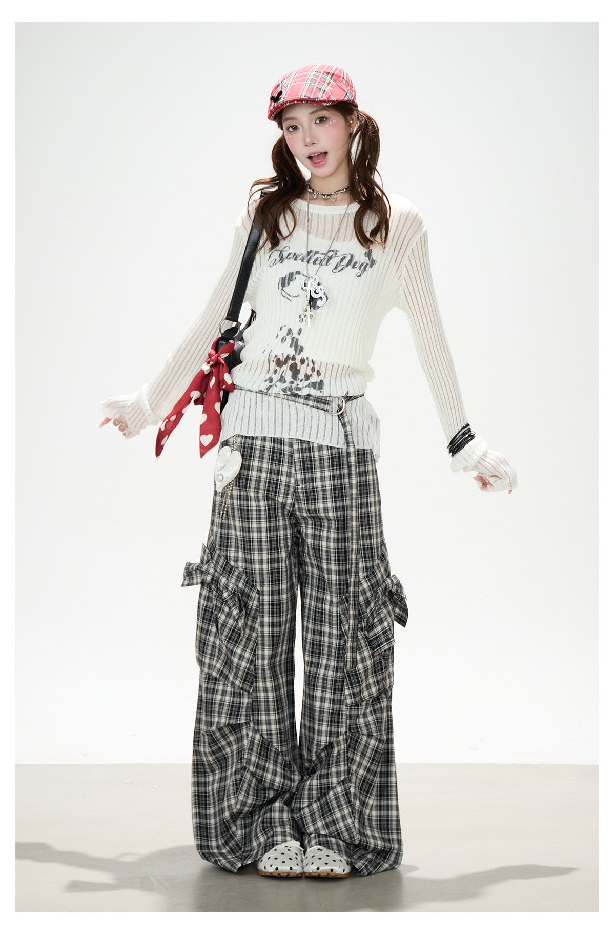 Dalmatian Sheer Knit Top & Black Plaid Ruffle Pants