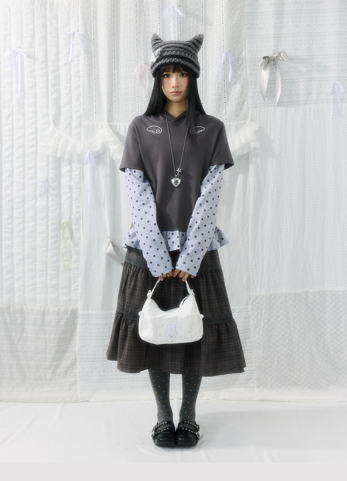 Angel Wing Polka-Dot Layered Hooded Long Sleeve Top