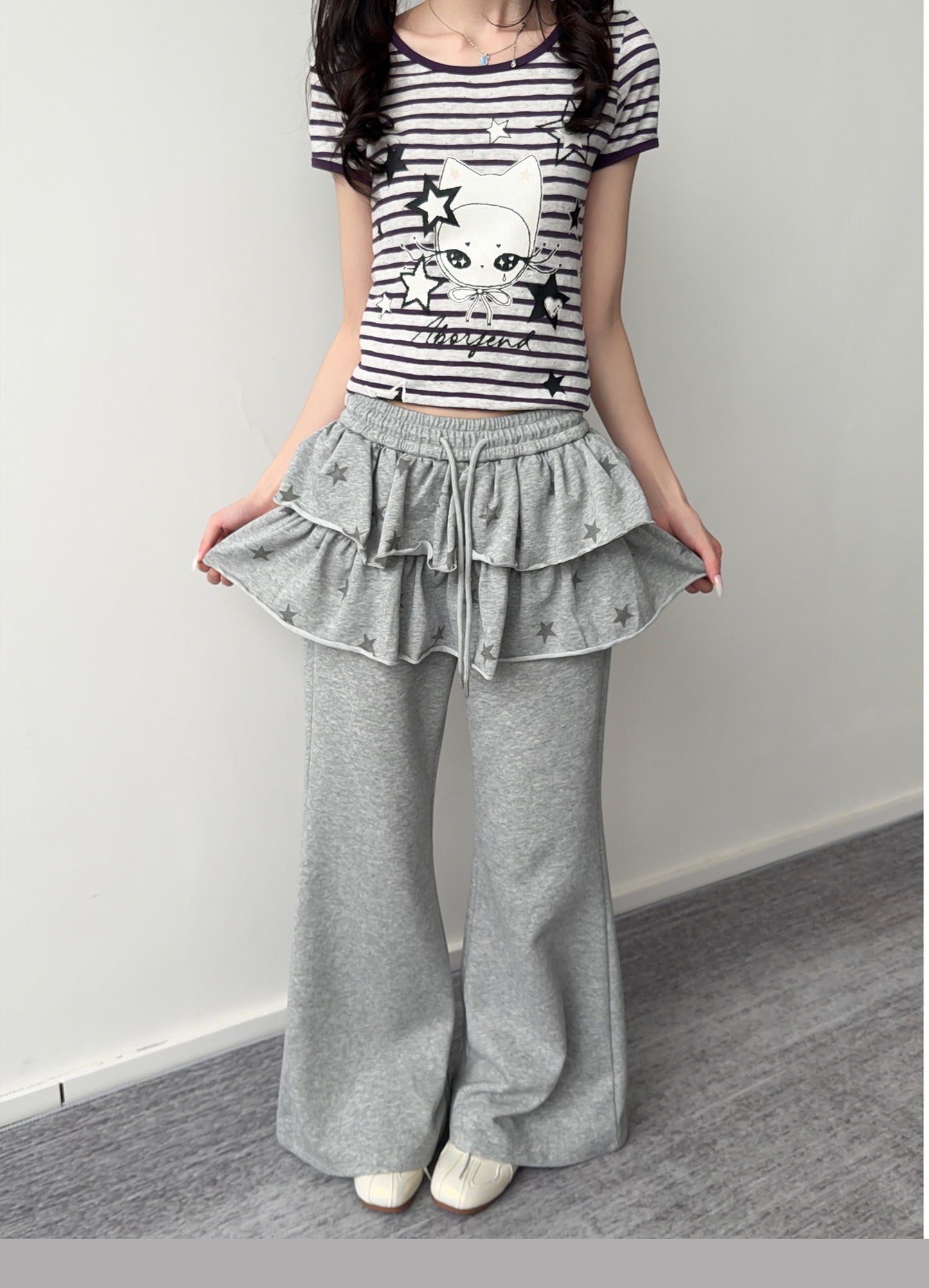 Purple Stripe Star Girl Ruffle-Hem Tee