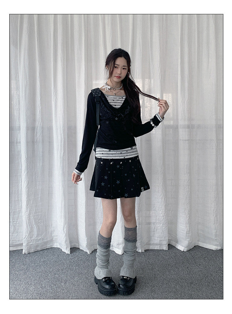 Star Stripe Cowl-Neck Faux-Layer Long Sleeve Top