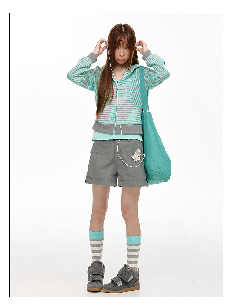 Mint Stripe Devil-Horn Zip-Up Hoodie