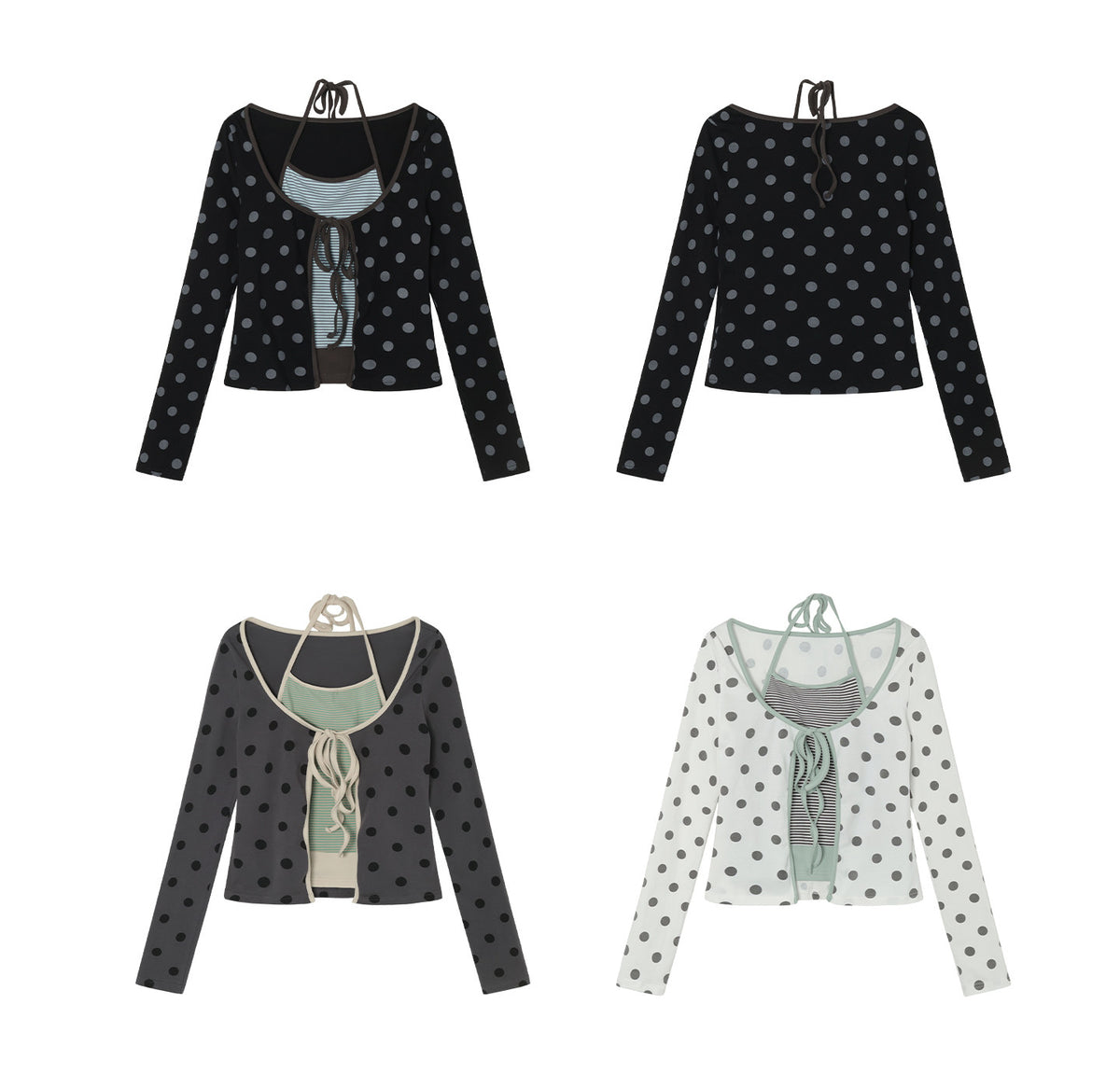 Polka Dot Tie-Front Layered Halter Long Sleeve Top