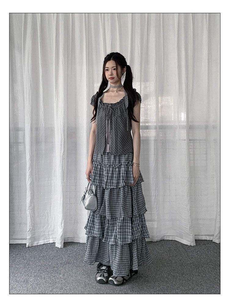 Plaid Patchwork Tiered Maxi Skirt