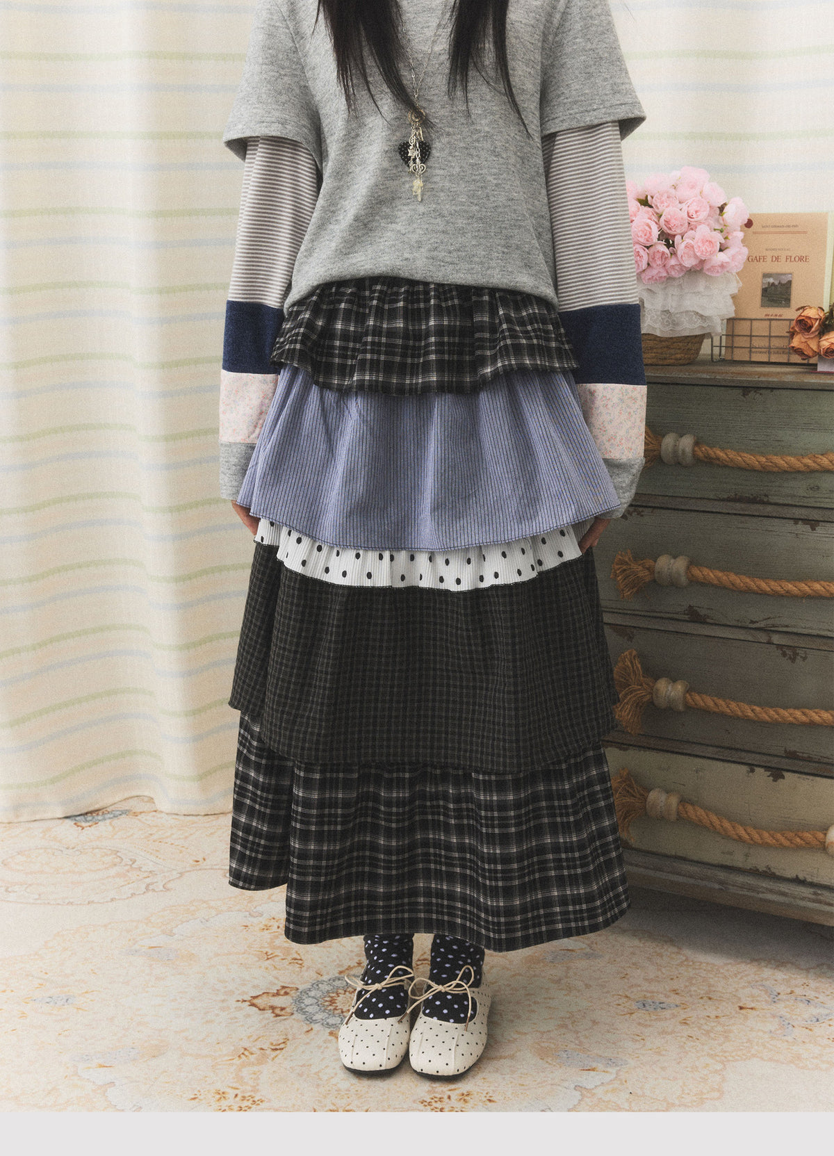 Mixed Plaid Tiered Patchwork Midi Skirt