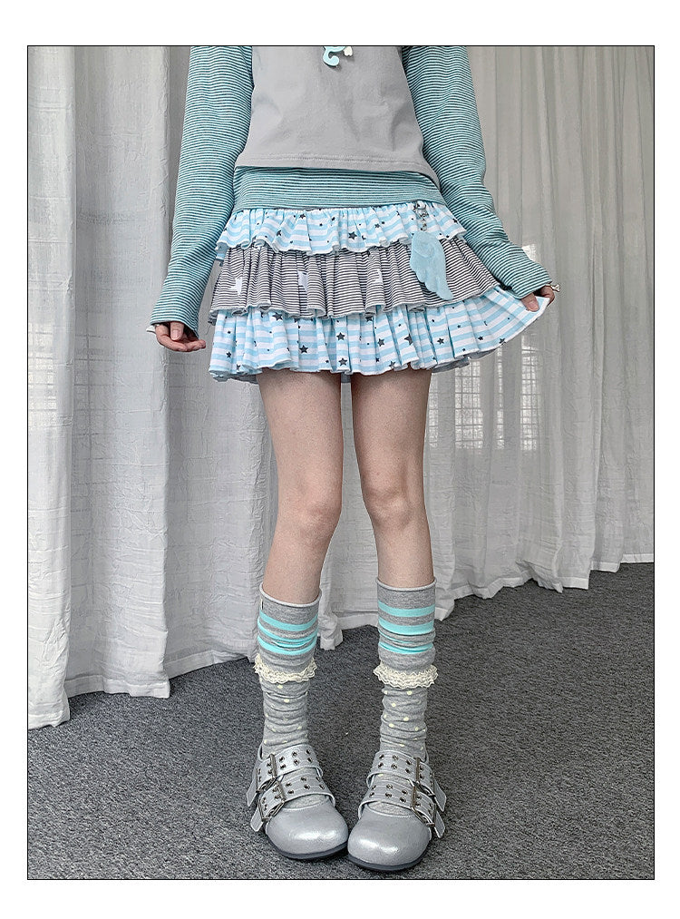 Soft Blue Star Stripe Tiered Ruffle Mini Skirt