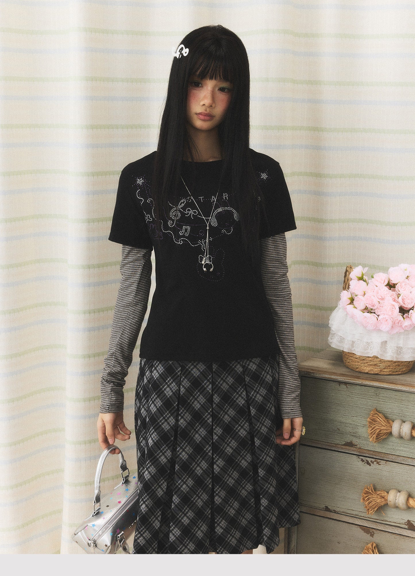 Rhinestone Melody Faux-Layer Stripe Long-Sleeve Tee