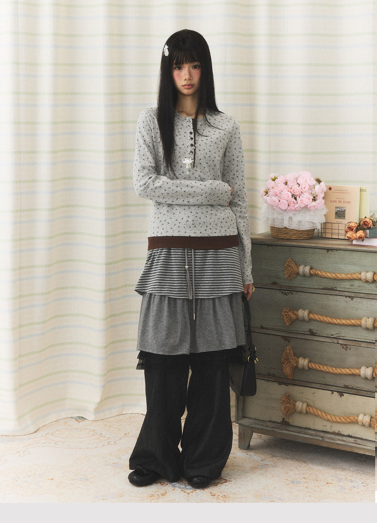 Floral Henley Faux-Layer Long Sleeve Top