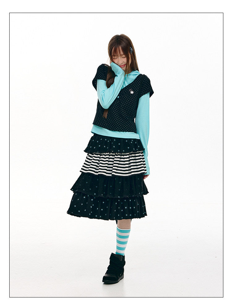 Polka Dot Faux-Layer Hooded Long Sleeve Top
