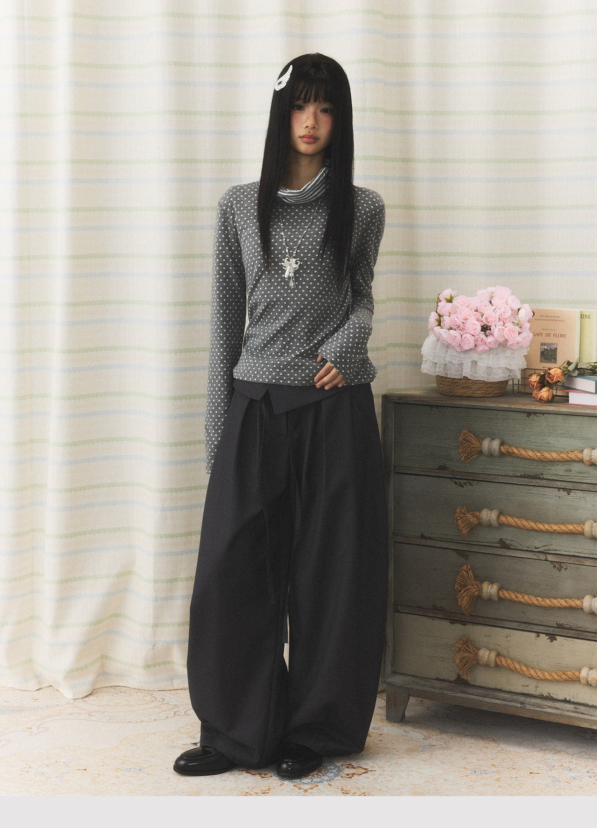 Polka Dot Contrast Turtleneck Long Sleeve Top