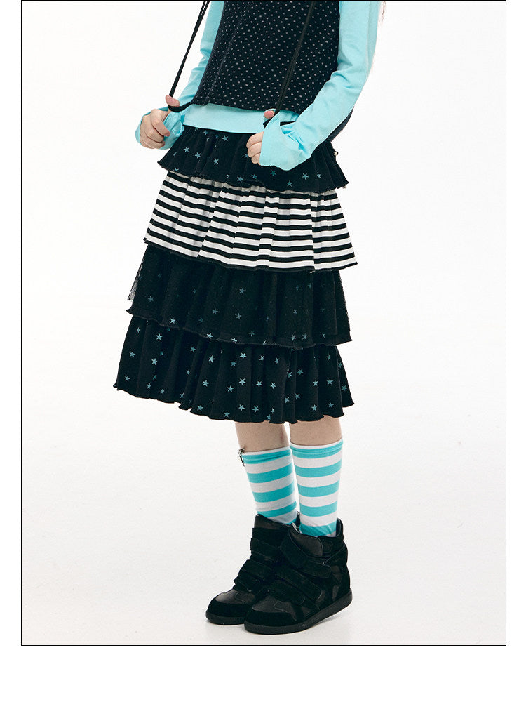 Star Stripe Tiered Ruffle Midi Skirt