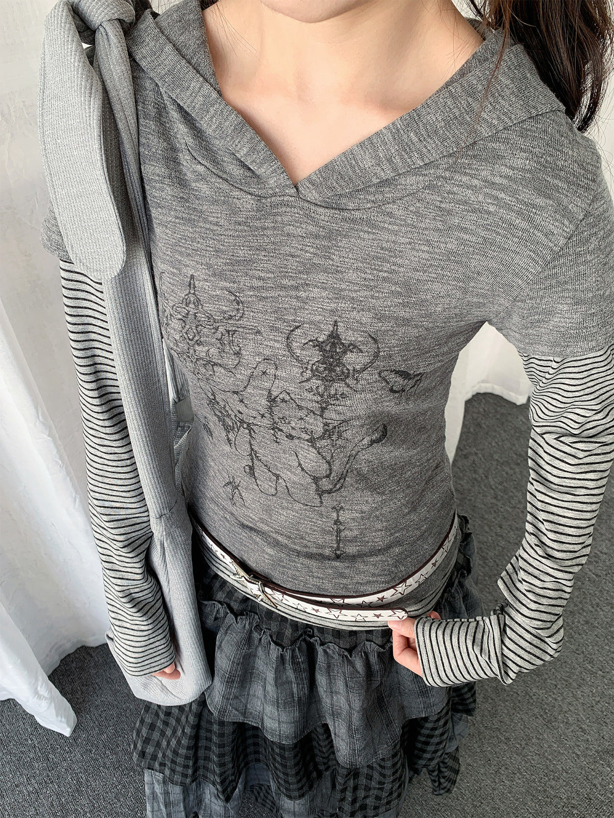 Striped Layered Hooded Graphic Long Sleeve Top