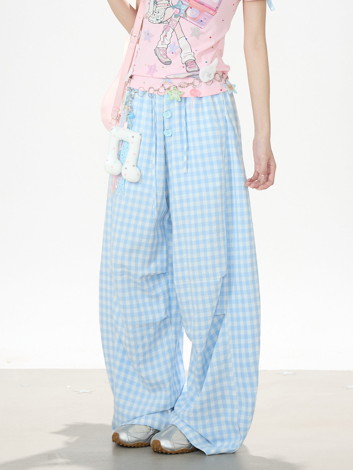 Gingham Oversized Wide-Leg Cargo Pants