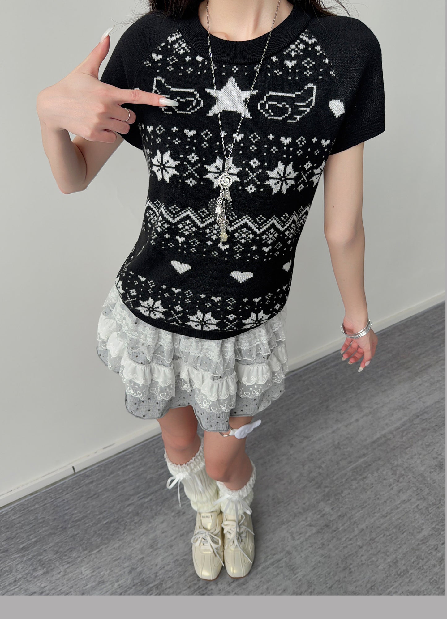 Star Wing Fair Isle Short-Sleeve Knit Top