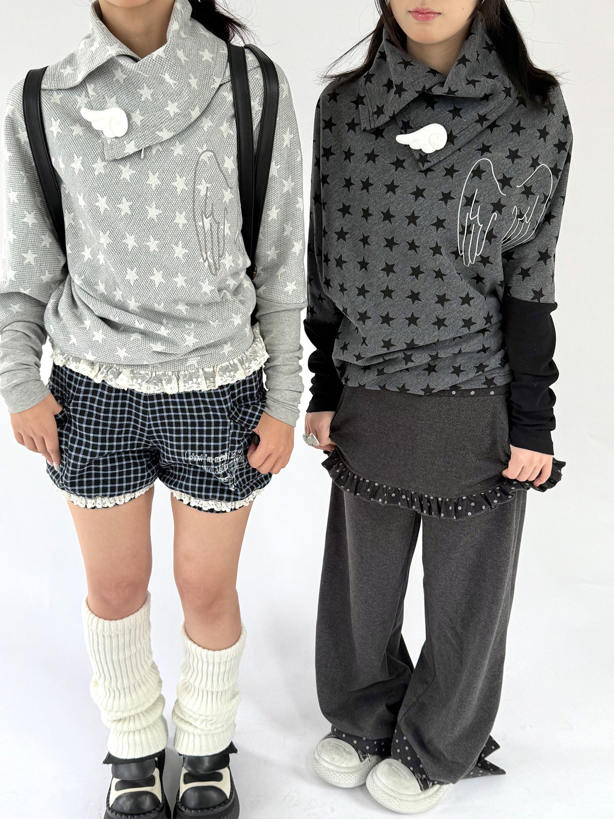 Asymmetric Star Drape Faux-Layer Long Sleeve Top