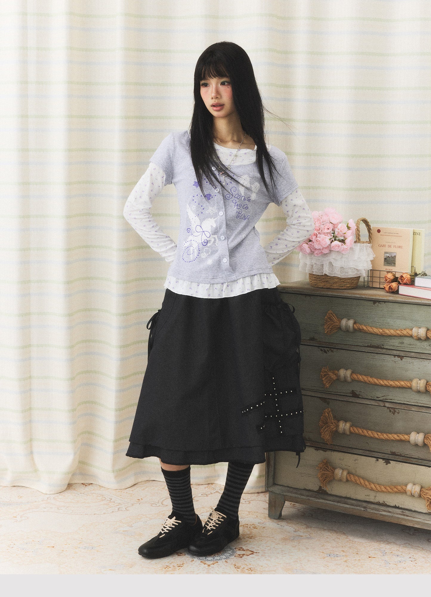 Lavender Wing Floral Faux-Layer Long-Sleeve Tee