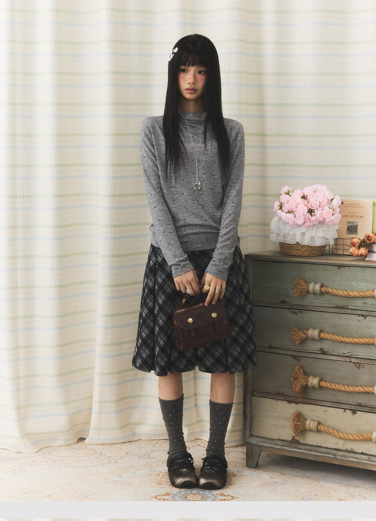Polka Dot Mock-Neck Long Sleeve Top