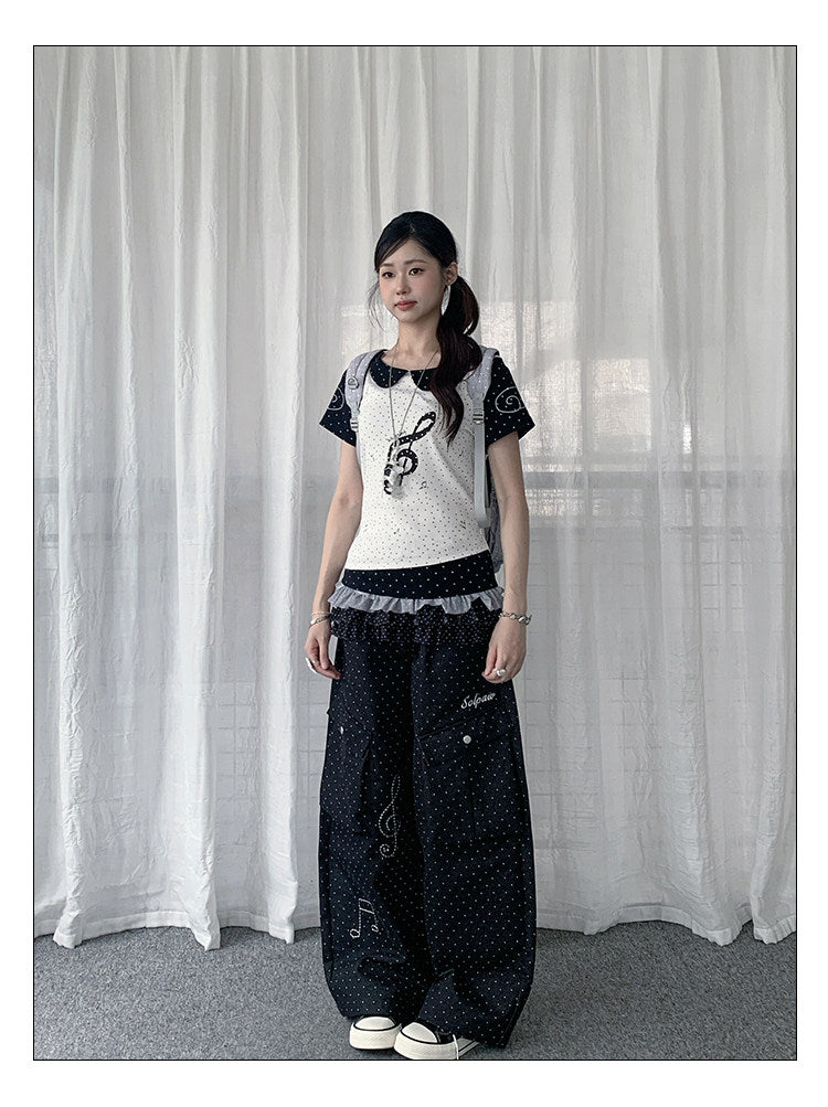 Polka Dot Music Note Embroidered Cargo Pants