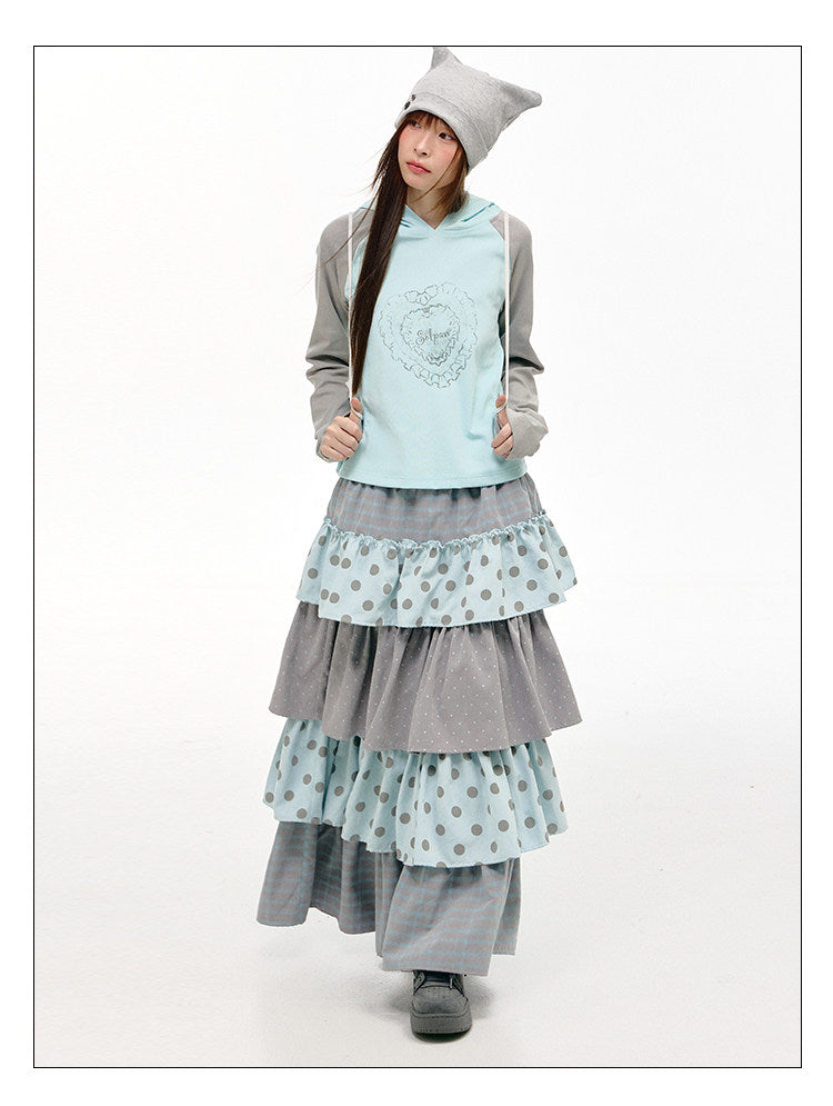 Mint Heart Contrast Hooded Long Sleeve Top