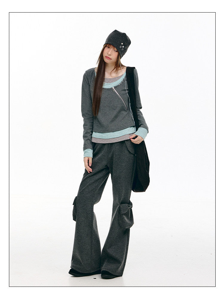 Diagonal Zip Faux-Layer Long Sleeve Top