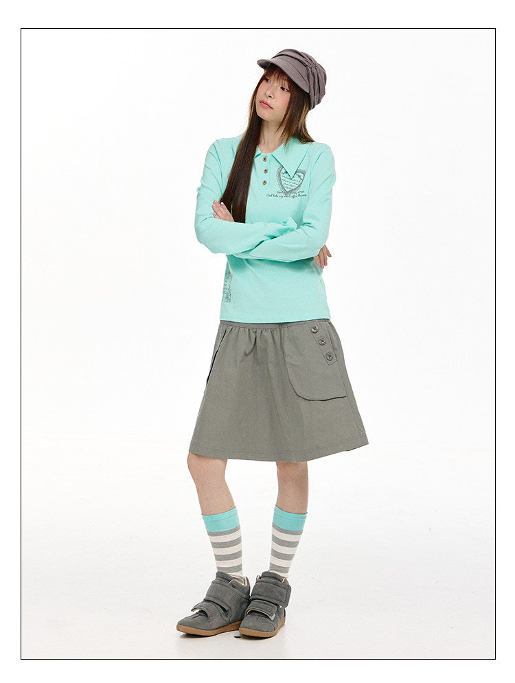 Mint Heart Graphic Long Sleeve Polo Top