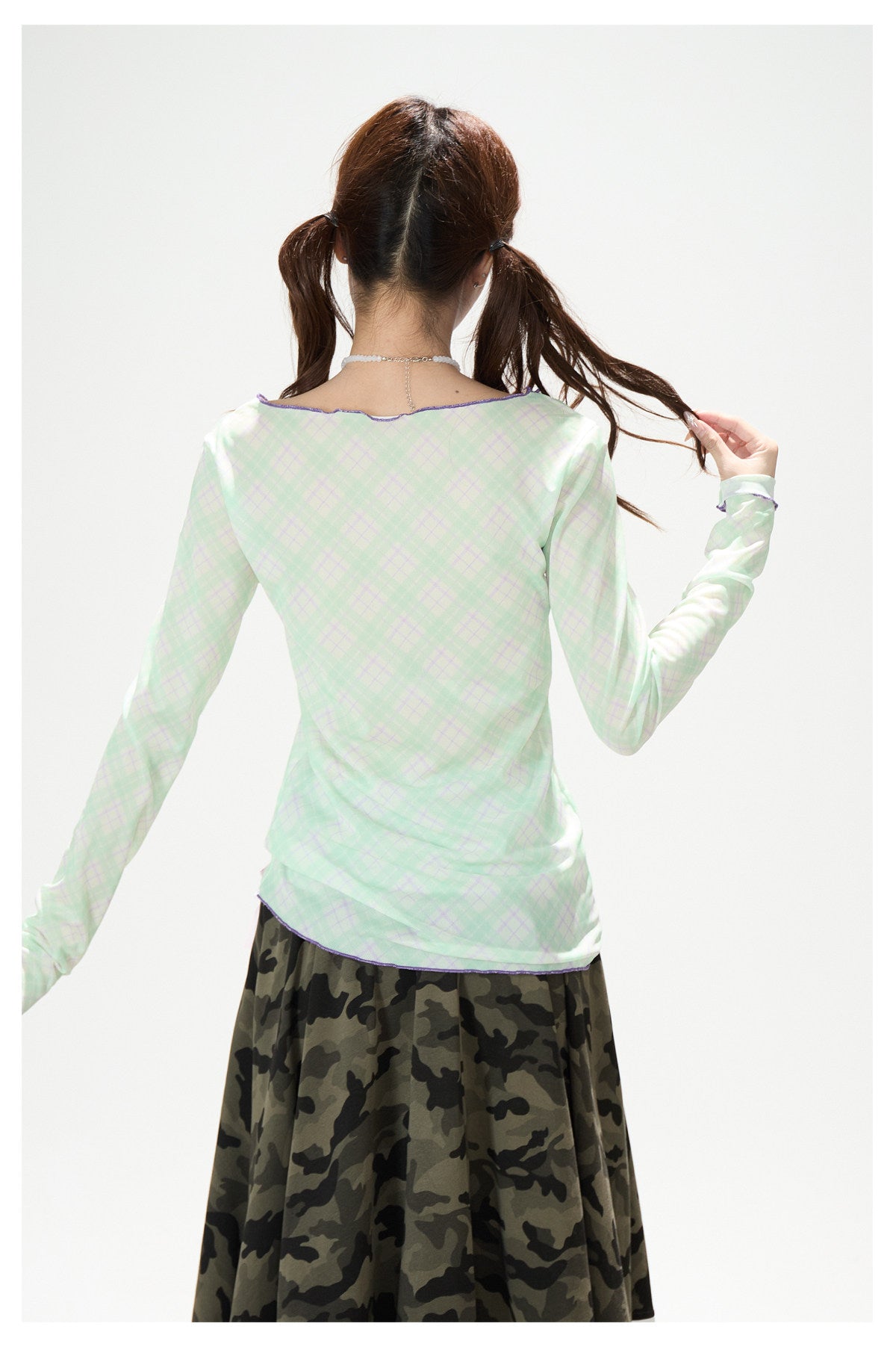 Pastel Anime Plaid Long Sleeve Top & Camo Lace-Trim Midi Skirt