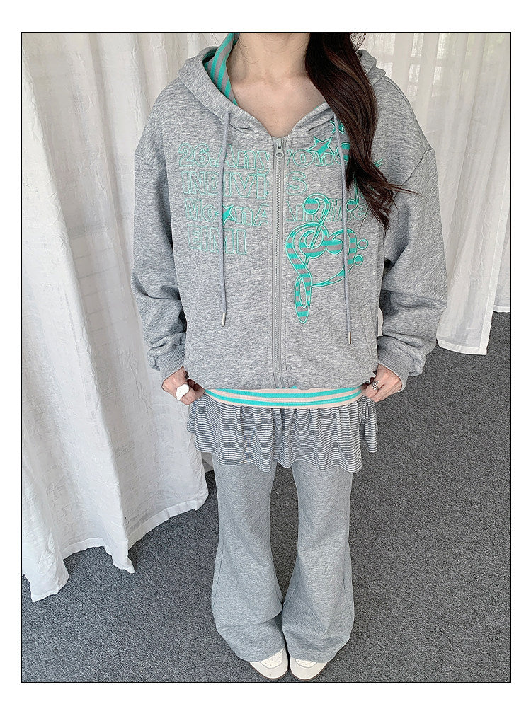 Music Note Embroidered Zip-Up Hoodie