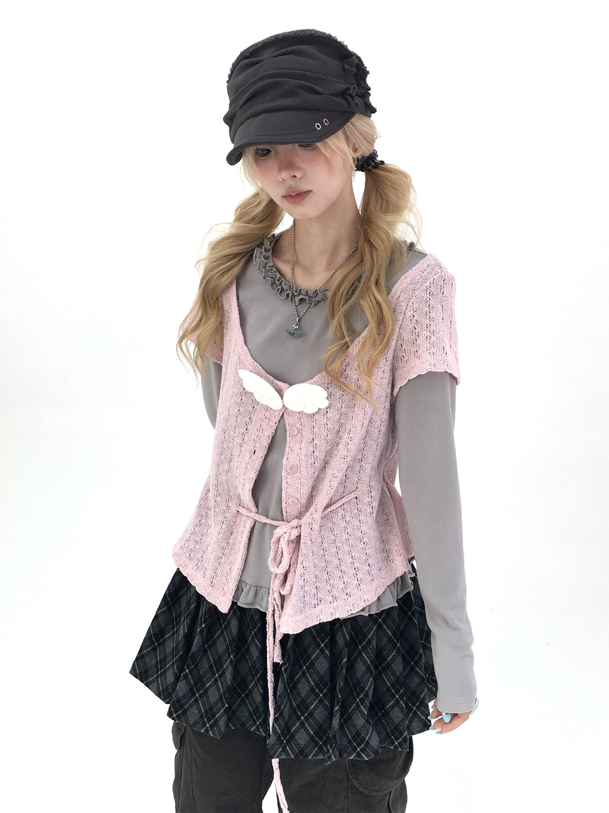 Blush Angel Wing Faux-Layer Knit Long Sleeve Top