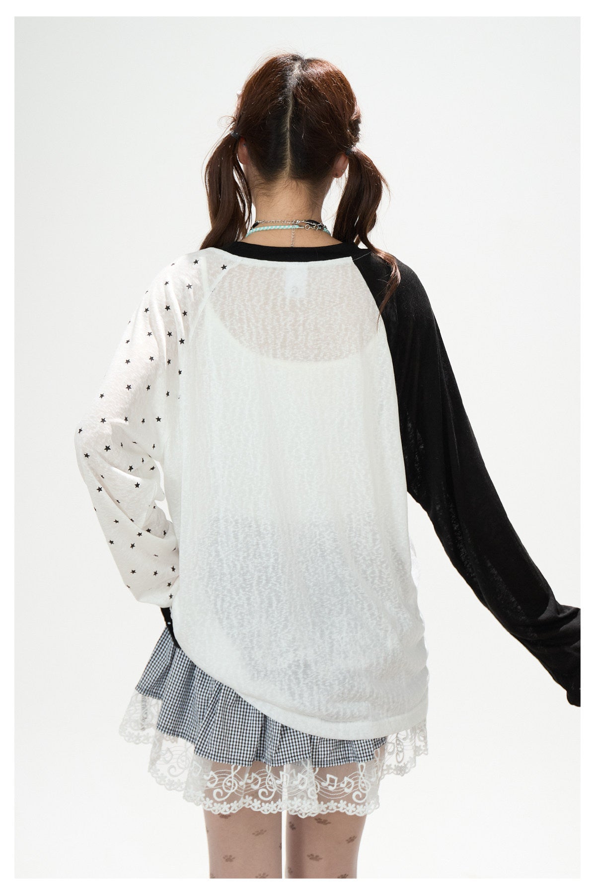 Cartoon Star Sheer Long Sleeve Top & Black Music Lace Gingham Mini Skirt
